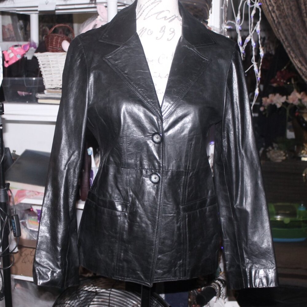 Classic GILLIAN JULIUS Glossy Black Genuine Leather Jacket Coat Go w Everything
